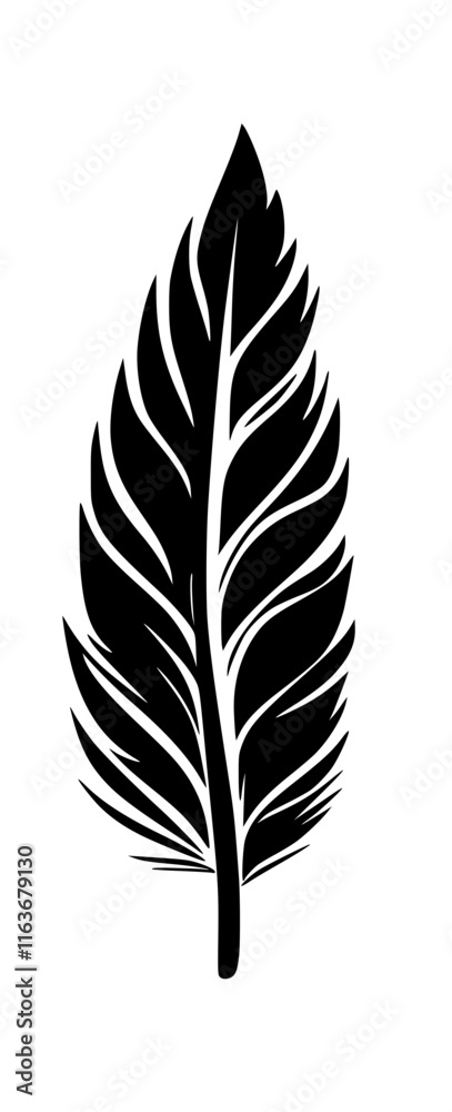 Obraz premium Detailed Feather Silhouette in Minimal Style, Black and white silhouette of a detailed feather with intricate patterns, showcasing a clean and elegant minimalist design.