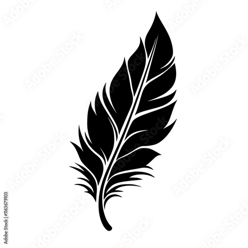 Detailed Feather Silhouette in Minimal Style, Black and white silhouette of a detailed feather with intricate patterns, showcasing a clean and elegant minimalist design.

