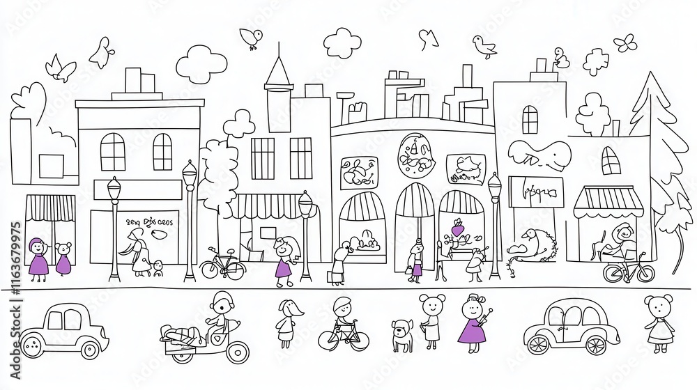 A vibrant cityscape coloring book design showing a bustling street with cars, bicycles, and people walking dogs. Add street signs, lamp posts, and tiny shops with detailed window displays. A vibrant cityscape coloring book design showing a bustling street with cars, bicycles, and people walking dogs. Add street signs, lamp posts, and tiny shops with detailed window displays.