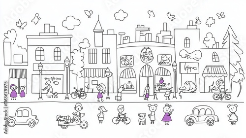 A vibrant cityscape coloring book design showing a bustling street with cars, bicycles, and people walking dogs. Add street signs, lamp posts, and tiny shops with detailed window displays. 