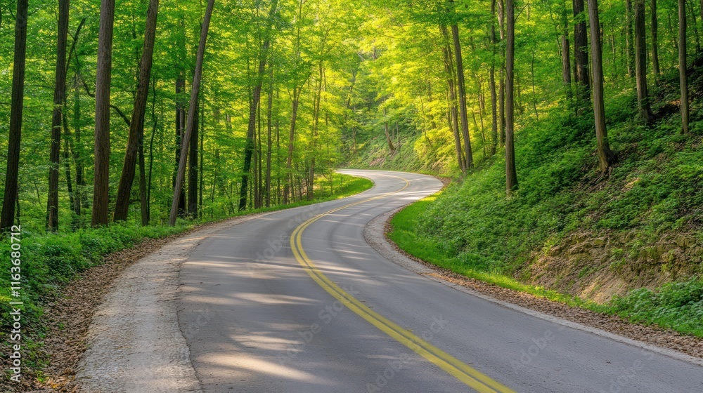 Fototapeta premium Serene Winding Road Through Lush Green Forest