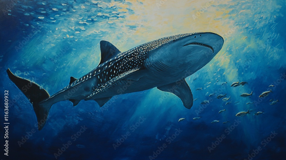 Fototapeta premium Majestic whale shark swimming in underwater sunlight.