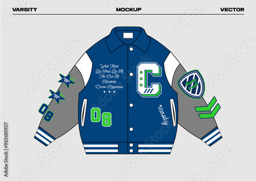 varsity jacket mockup embroid, can be used for clothing, baseball,with badge vector design style.