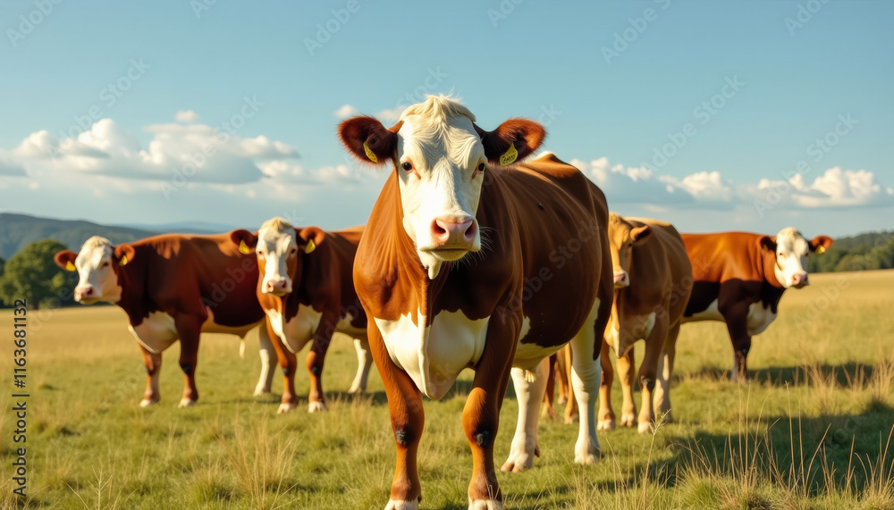 Cows Grazing in a Sunny Meadow Cows Grazing in a Sunny Meadow