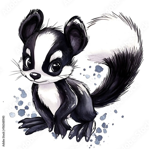 Adorable Watercolor Illustration of a Cartoon Skunk with a Bushy Tail. photo