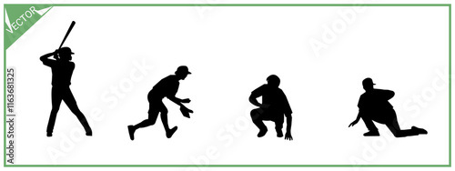 Collection of baseball player silhouettes. Sport, hobby. Different poses. Vector illustration.