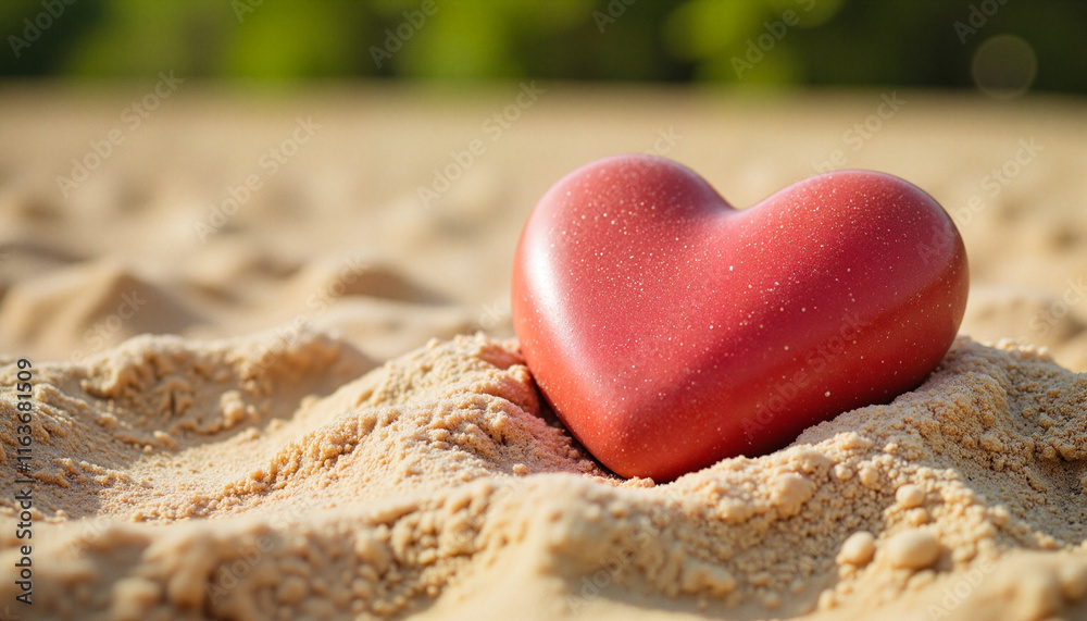 Fototapeta premium Heart-shaped red stone on sandy surface, Valentine's Day symbol