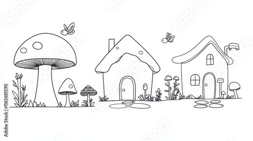 A whimsical fantasy village coloring book scene with mushroom houses, cobblestone streets, and tiny fairies flying around. Include intricate details like vines growing on the houses and glowing 