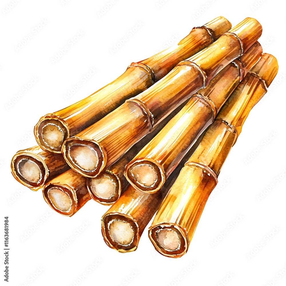 Naklejka premium Watercolor Painting of a Stack of Golden Brown Bamboo Poles Isolated on White.