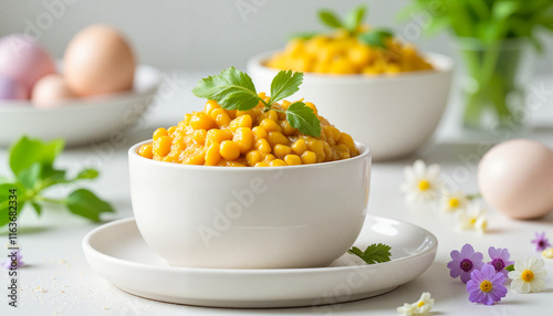 Cheerful lentil dal garnished with parsley for Easter celebration, joyful photo