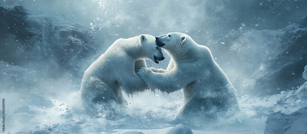 Fototapeta premium Two polar bears wrestling in snowy arctic landscape.