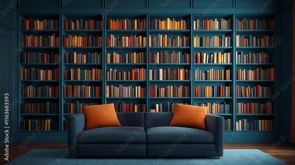 Cozy blue sofa in library nook with colorful bookshelves Cozy blue sofa in library nook with colorful bookshelves