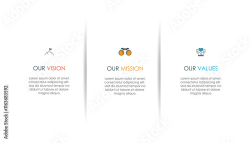Mission, vision, values, graphic design template.eps 10 on white background, Can be used for presentation workflow layout, banner, process, diagram, flowchart, infographic, annual report.