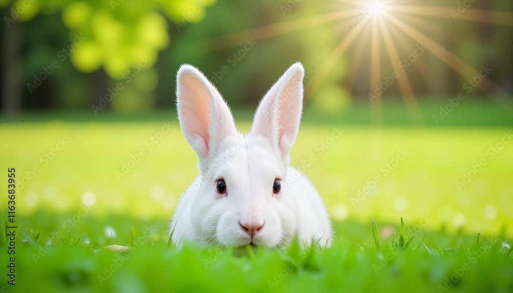 Fototapeta premium Curious white bunny resting in green grass, Easter celebration