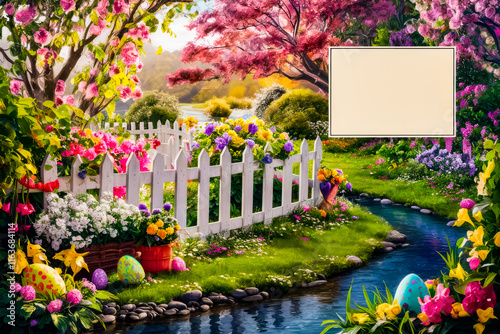 Colorful landscape with a lake, river and a bright flower meadow in watercolors. Digital painting. Spring grass and wooden fence with easter eggs and flowers on cloudy sky. Easter concept. Decorated