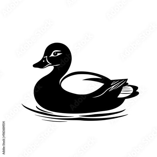 Pair of Ducks Swimming in Pond Silhouette, Black and white silhouette of two ducks swimming gracefully in a pond with rippling water and grass on the side.

