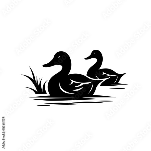 Pair of Ducks Swimming in Pond Silhouette, Black and white silhouette of two ducks swimming gracefully in a pond with rippling water and grass on the side.

