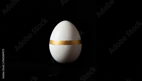 Elegant white egg with golden stripe on black background, Easter symbolism photo