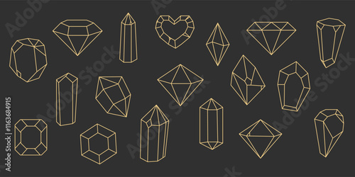 Crystal gemstone celestial gold thin line polygon stone, magic contour gem, polyhedron. Elegant outline geometric quartz, jewel. Mineral linear icon.