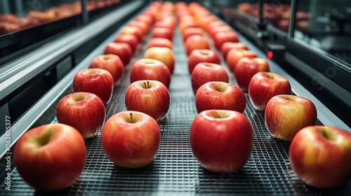 Clean and Fresh Apples Being Processed in a Food Facility Showcasing an Efficient Production Line for High-Quality Fruit