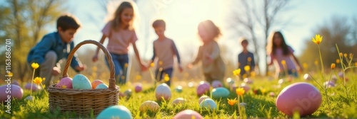 Children collecting colorful easter eggs in sunlit field