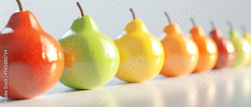 Colorful pears in a row on white background. photo