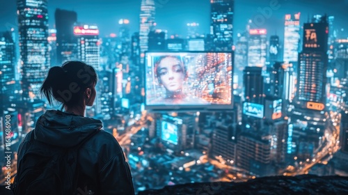 Wallpaper Mural Cyberpunk Cityscape: A Solitary Figure Contemplates a Futuristic Metropolis Torontodigital.ca