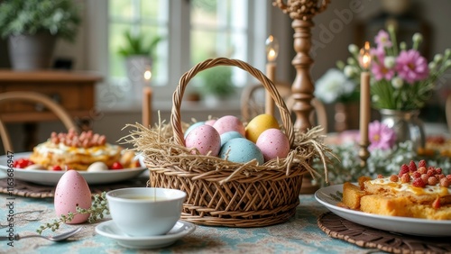 Colorful easter eggs in basket on festive table with spring decorations