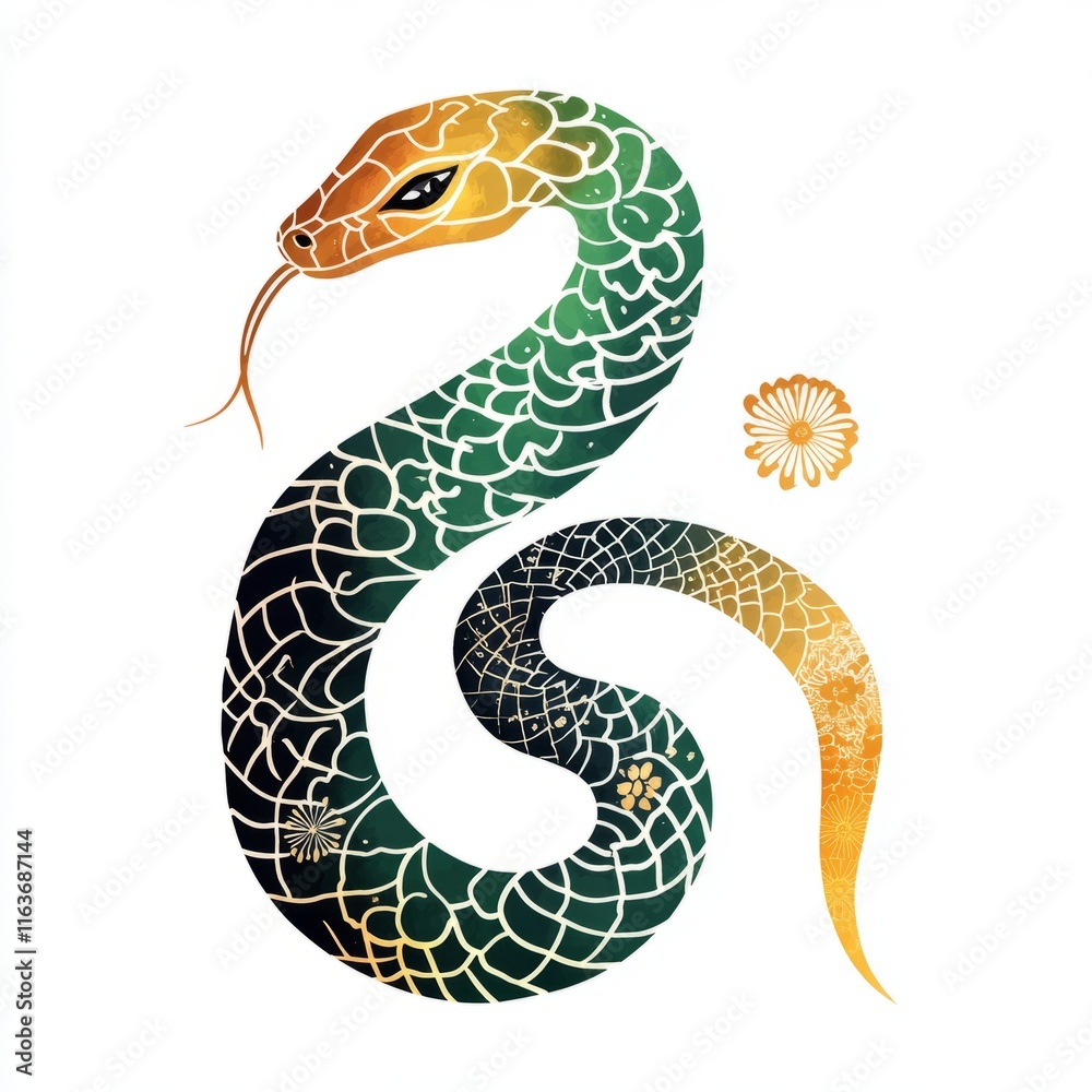Fototapeta premium Colorful snake illustration with intricate patterns and floral accents in a modern design