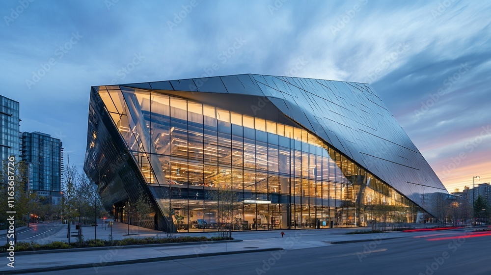 Modern architectural building at dusk, glass facade, geometric design, city skyline, urban landscape, Modern architectural building at dusk, glass facade, geometric design, city skyline, urban landscape,