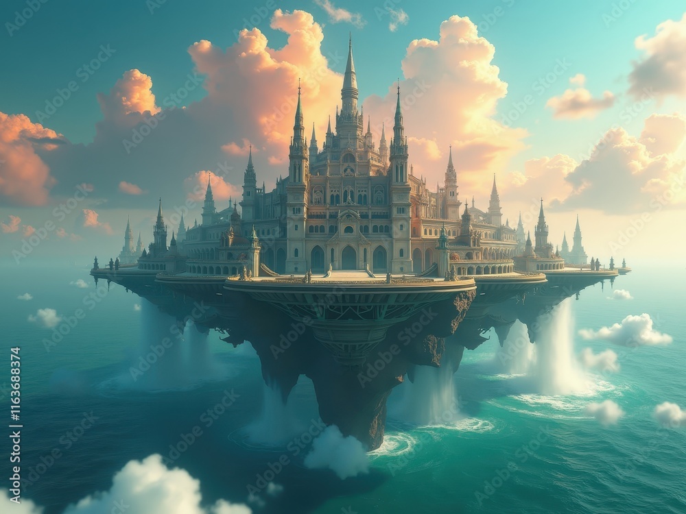 Obraz premium Surreal floating castle above vibrant turquoise waters during a magical sunset