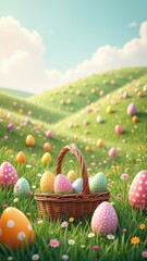 Colorful easter egg hunt in sunny spring meadow