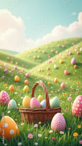 Colorful easter egg hunt in sunny spring meadow