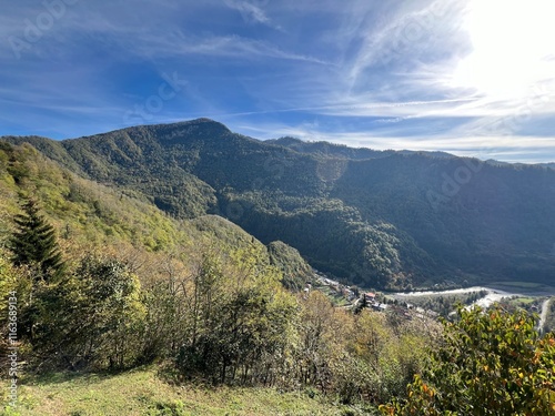 View of the canyon along the Adjaristskali River and the town of Zeda Makhuntseti, Georgia photo