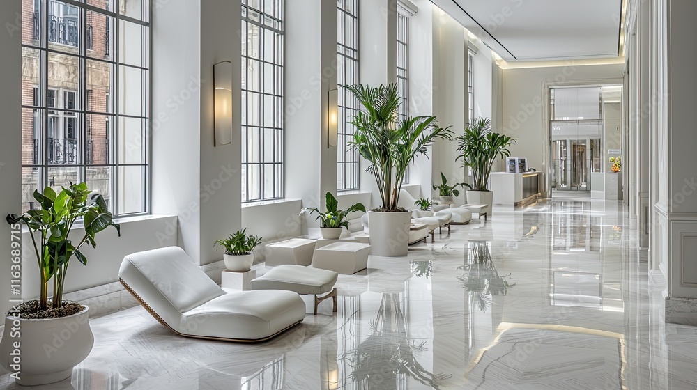 A chic hotel lobby with sleek modern seating, large windows, and polished marble floors