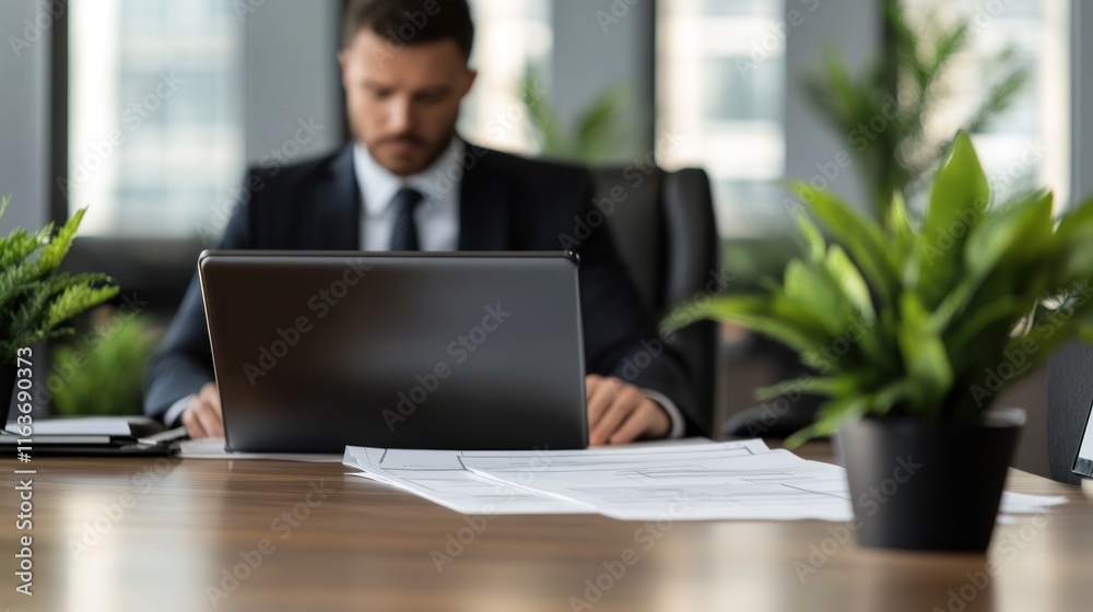 Focused Businessman Working on Laptop in Modern Office Focused Businessman Working on Laptop in Modern Office