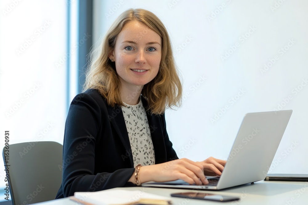 A woman working on a laptop at a modern office desk, smiling and engaged. A woman working on a laptop at a modern office desk, smiling and engaged.