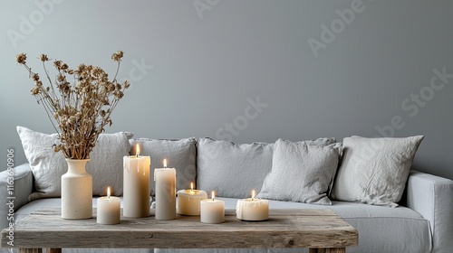 A chic living room with a pale grey sofa, a rustic wooden coffee table topped with candles and dried flowers, and a muted grey backdrop photo