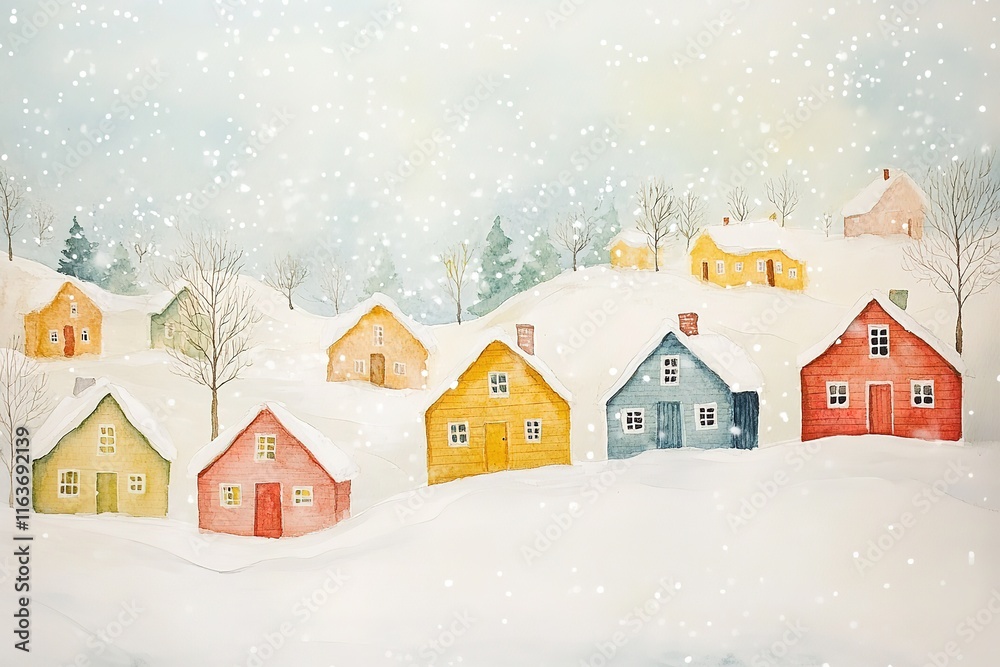 Naklejka premium Watercolor Illustration of a Snowy Village with Colorful Houses