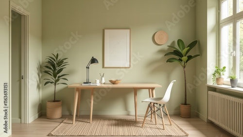 modern minimalistic interior cabinet room with sofa and big large window in pastel green and olive colors with space for pictures frame, light and soft atmosphere, things for decoration, design