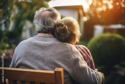 family hug, elderly couple with gray hair, strong relationship, people love each other, wife, shoulder to support each other, care concept, comforting members, common, in grief and in joy