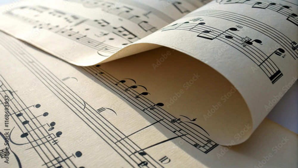 Sheets of music are gently curled, showcasing the intricate notes and symbols on the paper. The focus is on the detailed musical notation, creating a sense of rhythm and melody.AI generated. Sheets of music are gently curled, showcasing the intricate notes and symbols on the paper. The focus is on the detailed musical notation, creating a sense of rhythm and melody.AI generated.