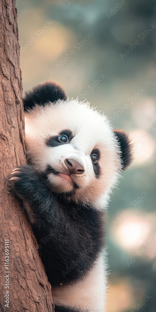 Obraz premium Adorable baby panda hugging a tree in a serene forest setting