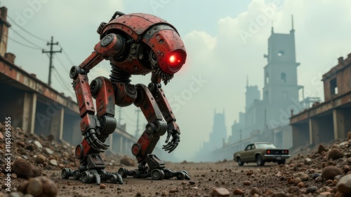 post-apocalyptic robot, rusty battle-worn design, glowing red eye, abandoned wasteland, wrecked cars, decaying buildings, gritty dystopian atmosphere, survival scene, science fiction
