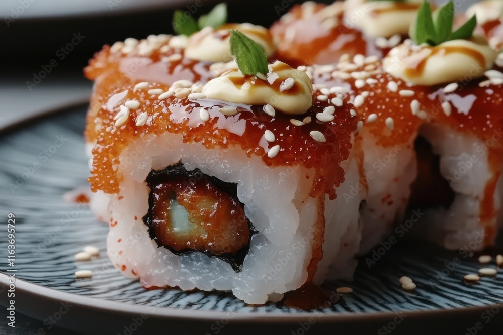 Delicious sushi rolls with colorful toppings served on a dark plate Delicious sushi rolls with colorful toppings served on a dark plate