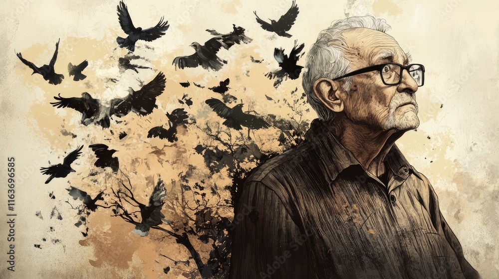 Fototapeta premium An elderly man stands amidst swirling birds, evoking themes of memory and reflection.
