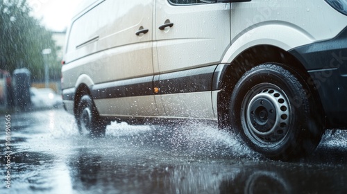 Van Driving Through a Rainy City Street