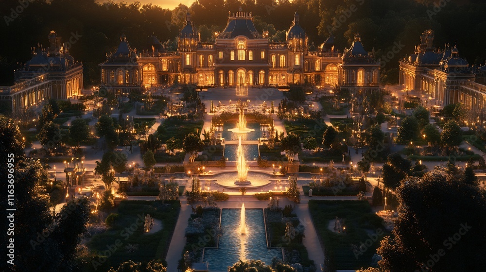 Obraz premium Grand palace with elaborate gardens at golden hour. Lush landscape design, fountains, and architecture.