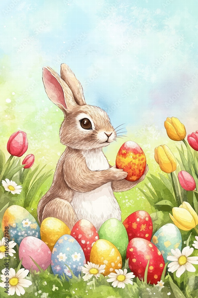 Obraz premium A watercolor illustration of a cheerful Easter bunny painting colorful eggs in a meadow, surrounded by blooming tulips and daisies.