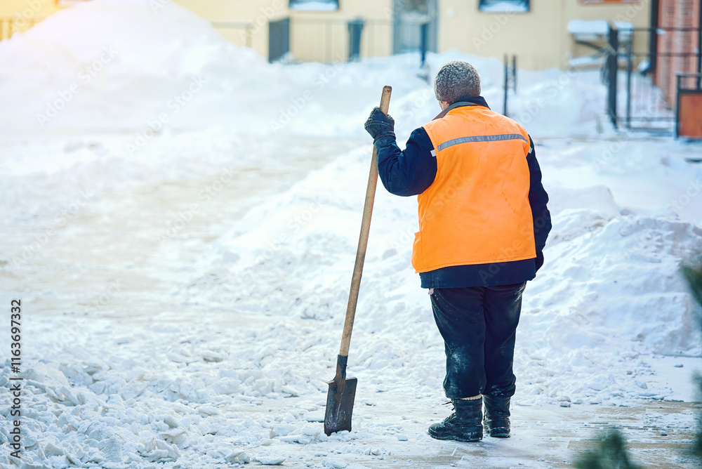 Woman in uniform cleaning snow. Utility worker with shovel removing snow from sidewalk ensuring pedestrian safety in winter season.